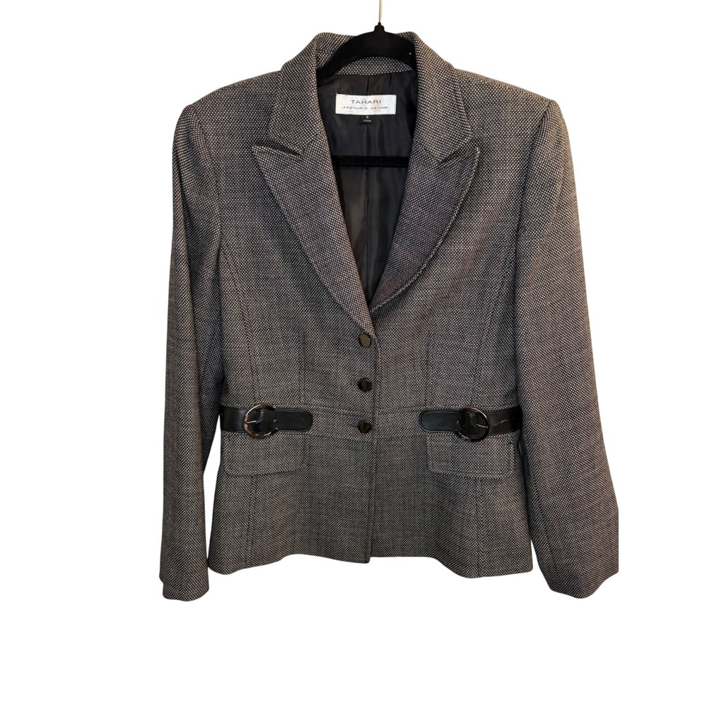 Tahari Arthur S Levine Womens Grey Micro Pattern Buckle Waist Blazer Jacket 8